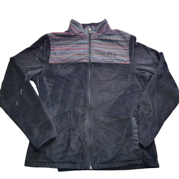 FILA Sport Faux Fur Warm Up Fleece full Zip Jacket Black with Print Size Large - Picture 1 of 12